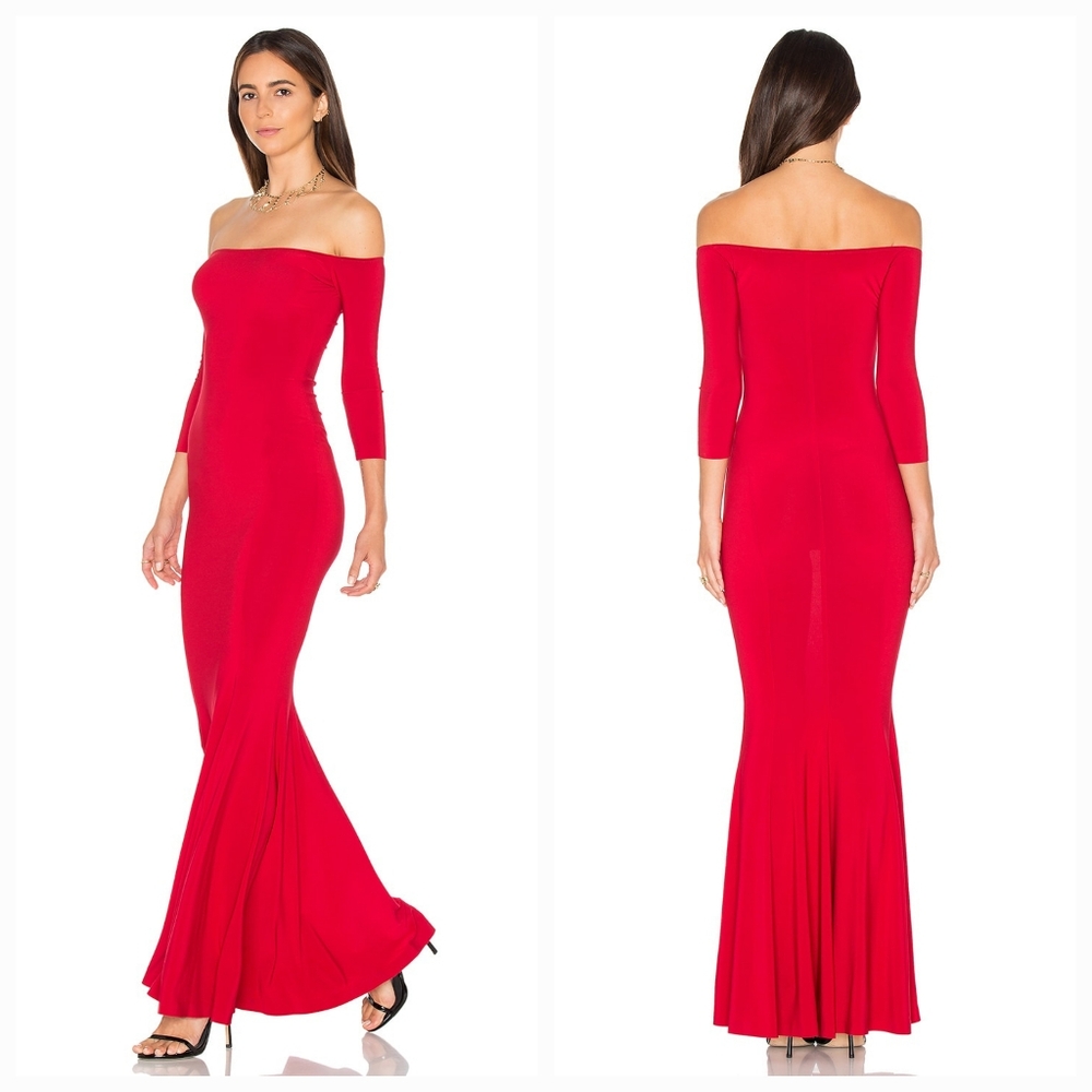 Norma Kamali Off The Shoulder Fishtail Gown in Red